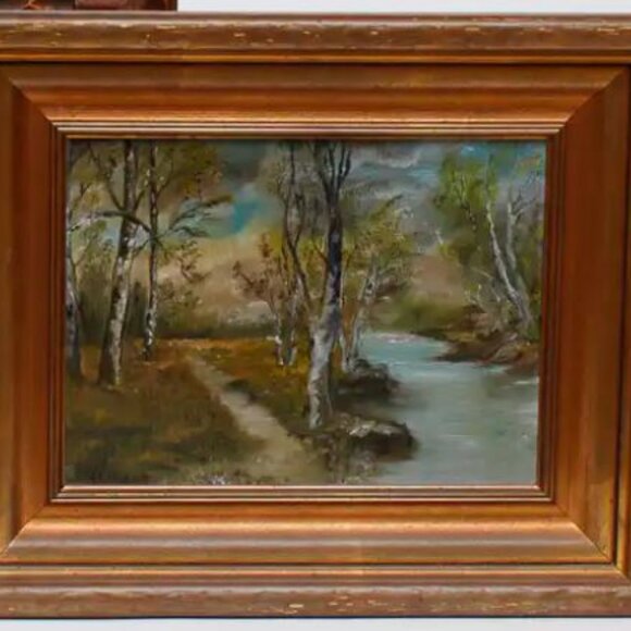 Vintage Landscape Framed Acrylic Painting on Board by E.O. Williams, dated 1920 - Picture 2 of 9